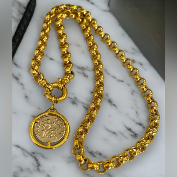 ***SOLD***Vintage 14k Yellow Gold 6mm Rolo Link Roman Coin Pendant Necklace! - Picture 15 of 16